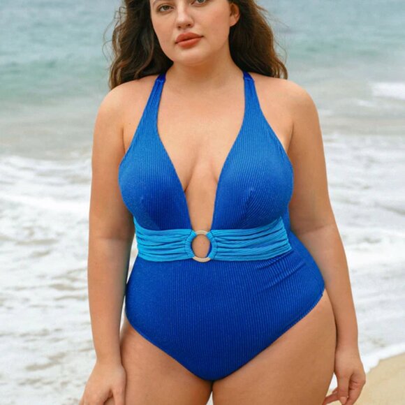 Berlook Blue V-Neck Ring One-Piece Swimsuit | Size 20 | 2X | NWT | X-Back - Picture 1 of 4